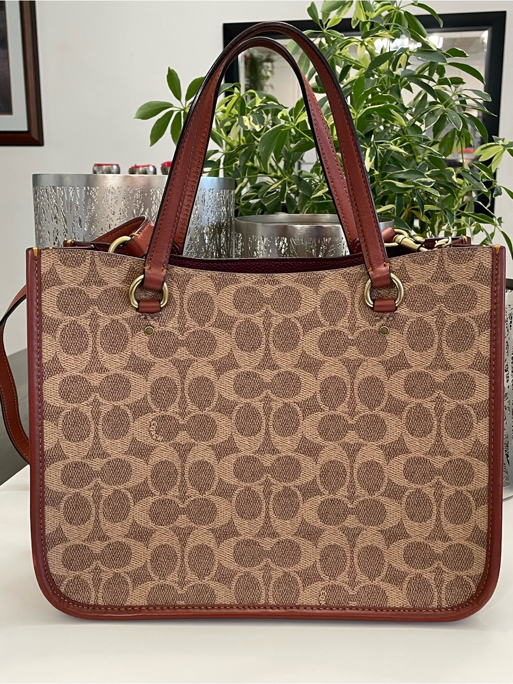 Coach Brown Signature Canvas Tote with Saddle Leather Trim - Picture 5 of 11